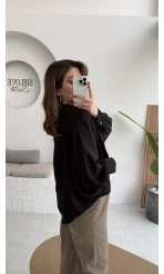 Natalie Yarasa Kol Saten Gömlek - Siyah - Kod: 0575