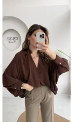 Natalie Yarasa Kol Saten Gömlek - Acı Kahve - Kod: 0575