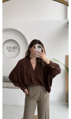 Natalie Yarasa Kol Saten Gömlek - Acı Kahve - Kod: 0575