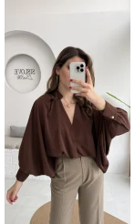 Natalie Yarasa Kol Saten Gömlek - Acı Kahve - Kod: 0575