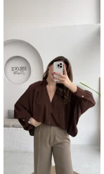 Natalie Yarasa Kol Saten Gömlek - Acı Kahve - Kod: 0575