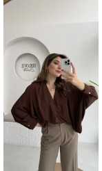 Natalie Yarasa Kol Saten Gömlek - Acı Kahve - Kod: 0575