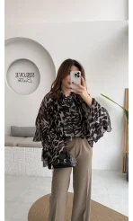 Velma Fular Bağlamalı Desenli Şifon Bluz - Siyah - Kod: 5024