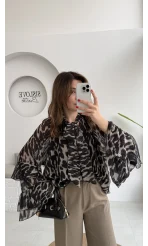 Velma Fular Bağlamalı Desenli Şifon Bluz - Siyah - Kod: 5024