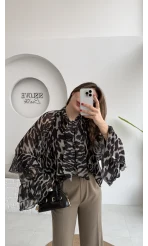 Velma Fular Bağlamalı Desenli Şifon Bluz - Siyah - Kod: 5024