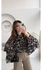 Velma Fular Bağlamalı Desenli Şifon Bluz - Siyah - Kod: 5024