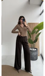 Gül Detay Bağcıklı Pantolon - Acı Kahve - Kod: 3902