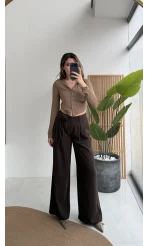 Gül Detay Bağcıklı Pantolon - Acı Kahve - Kod: 3902