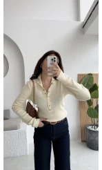 Sasha Dik Yaka Düğmeli Triko Kazak - Ekru