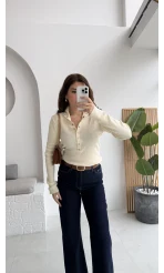 Sasha Dik Yaka Düğmeli Triko Kazak - Ekru