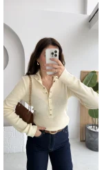 Sasha Dik Yaka Düğmeli Triko Kazak - Ekru