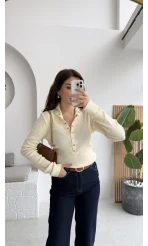 Sasha Dik Yaka Düğmeli Triko Kazak - Ekru