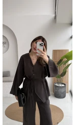 ÖN SİPARİŞ Palermo Bağcıklı Düğmeli Takım - Acı Kahve - Kod: 8916