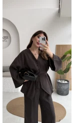 ÖN SİPARİŞ Palermo Bağcıklı Düğmeli Takım - Acı Kahve - Kod: 8916