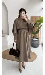 Celine Pelerin Detay Kuşaklı Elbise - Haki - Kod: 2344