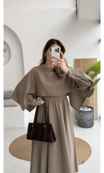 Celine Pelerin Detay Kuşaklı Elbise - Haki - Kod: 2344