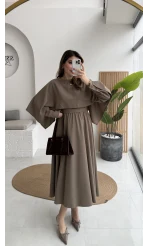 Celine Pelerin Detay Kuşaklı Elbise - Haki - Kod: 2344