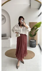 Astarlı Kırışık Beli Lastikli Etek - Gül Kurusu - Kod: 3207