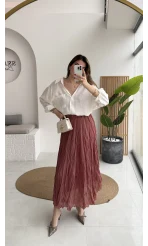 Astarlı Kırışık Beli Lastikli Etek - Gül Kurusu - Kod: 3207