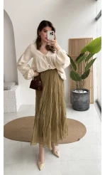 Astarlı Kırışık Beli Lastikli Etek - Olive - Kod: 3207