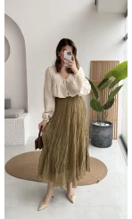 Astarlı Kırışık Beli Lastikli Etek - Olive - Kod: 3207