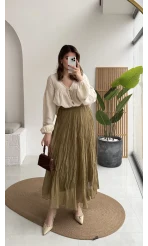 Astarlı Kırışık Beli Lastikli Etek - Olive - Kod: 3207