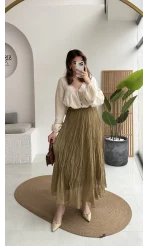 Astarlı Kırışık Beli Lastikli Etek - Olive - Kod: 3207