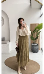 Astarlı Kırışık Beli Lastikli Etek - Olive - Kod: 3207