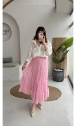 Astarlı Kırışık Beli Lastikli Etek - Pembe - Kod: 3207