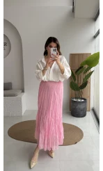 Astarlı Kırışık Beli Lastikli Etek - Pembe - Kod: 3207