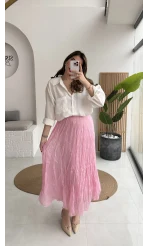 Astarlı Kırışık Beli Lastikli Etek - Pembe - Kod: 3207