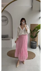 Astarlı Kırışık Beli Lastikli Etek - Pembe - Kod: 3207