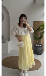 Astarlı Kırışık Beli Lastikli Etek - Açık Sarı - Kod: 3207