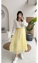 Astarlı Kırışık Beli Lastikli Etek - Açık Sarı - Kod: 3207