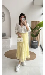 Astarlı Kırışık Beli Lastikli Etek - Açık Sarı - Kod: 3207