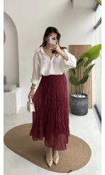 Astarlı Kırışık Beli Lastikli Etek - Bordo - Kod: 3207