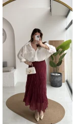 Astarlı Kırışık Beli Lastikli Etek - Bordo - Kod: 3207