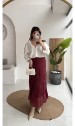 Astarlı Kırışık Beli Lastikli Etek - Bordo - Kod: 3207