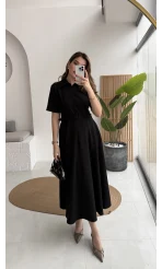 Sia Kısa Kol Kemerli Elbise - Siyah - Kod: 2341