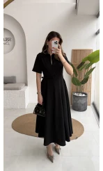 Sia Kısa Kol Kemerli Elbise - Siyah - Kod: 2341