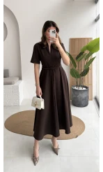 Sia Kısa Kol Kemerli Elbise - Kahverengi - Kod: 2341