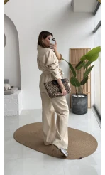 Kuşaklı Gabardin Takım - Taş - Kod: 8897