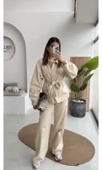 Kuşaklı Gabardin Takım - Taş - Kod: 8897