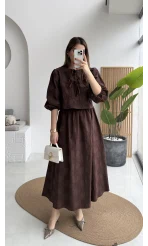 Brera Balon Kol Dokulu Etek Bluz Takım - Kahverengi - Kod: 6045