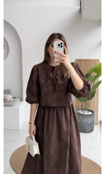Brera Balon Kol Dokulu Etek Bluz Takım - Kahverengi - Kod: 6045
