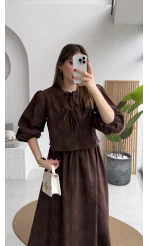 Brera Balon Kol Dokulu Etek Bluz Takım - Kahverengi - Kod: 6045