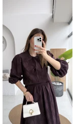 Brera Balon Kol Dokulu Etek Bluz Takım - Mürdüm - Kod: 6045