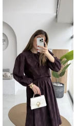 Brera Balon Kol Dokulu Etek Bluz Takım - Mürdüm - Kod: 6045