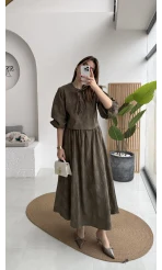 Brera Balon Kol Dokulu Etek Bluz Takım - Haki - Kod: 6045