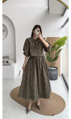 Brera Balon Kol Dokulu Etek Bluz Takım - Haki - Kod: 6045
